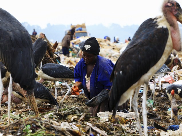 Mulher coleta resíduos recicláveis em um local de despejo, cercada por marabus, nos arredores Kampala, em Uganda - 31/03/2015
