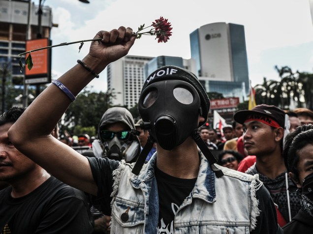 Manifestantes durante o dia do trabalho em Kuala Lumpur, na Malásia