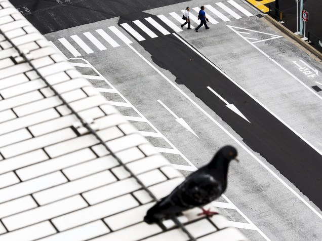Pessoas atravessam a rua enquanto um pombo senta-se em um telhado no centro de Tóquio, Japão - 08/06/2015