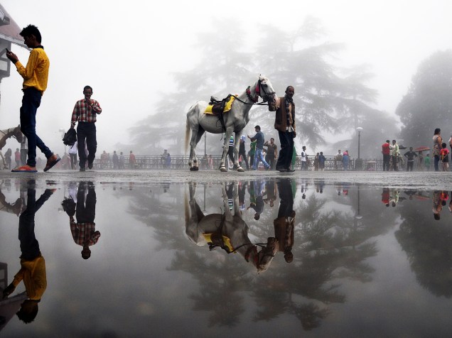 A sombra de um homem com seu cavalo refletiu em uma poça de água na cidade montanhosa de Shimla, na Índia
