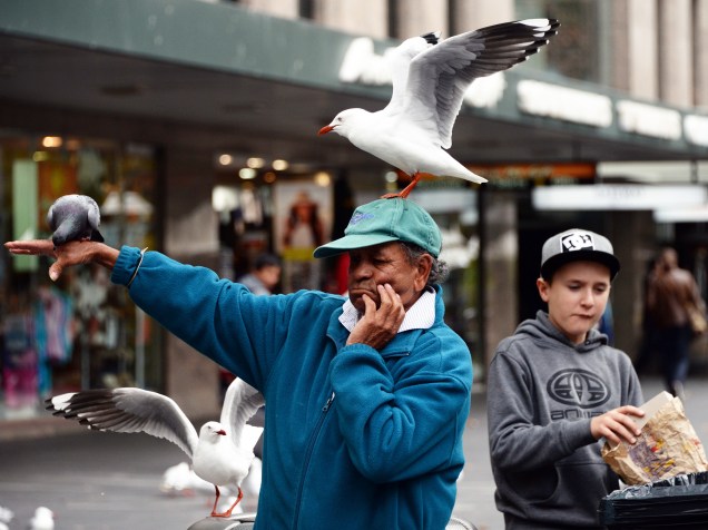 Homem é fotografado enquanto alimenta pássaros no centro financeiro de Sydney, na Austrália - 07/07/2015