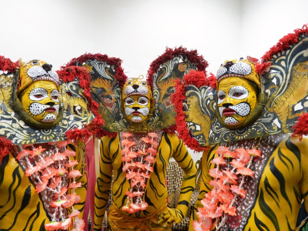 Dançarinos usaram trajes tradicionais durante comemoração do Dia Internacional do Tigre em Calcutá, na Índia