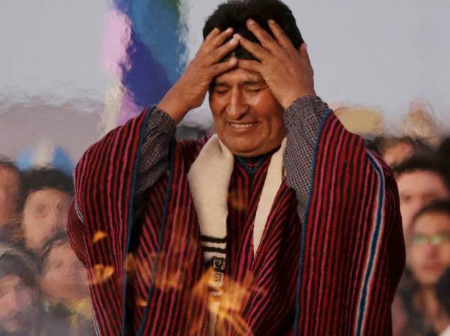 O presidente da Bolívia, Evo Morales, participa de cerimônia que marca os dez anos de sua administração na presidência da Bolívia, em ruínas de Tiahuanaco, em La Paz