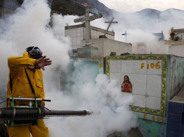Profissional de saúde realiza a fumigação como parte de medidas preventivas contra o vírus Zika e outras doenças transmitidas por mosquitos no cemitério de Carabayllo, nos arredores de Lima, no Peru  - 01/02/2016