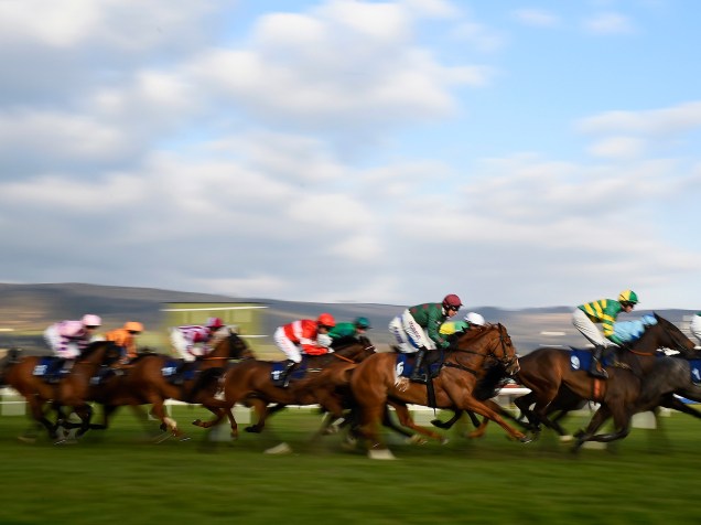 Cavalos e seus donos apostam corrida de obstáculos no evento "Fred Winter Juvenile Handicap Hurdle", na manhã desta quarta-feira (16). O evento acontece anualmente na Grã-Bretanha, durante o festival de Cheltenham