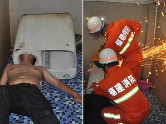 Homem fica preso em máquina de lavar pela cabeça e é resgatado na província de Fuzhou, na China - 30/05/2016