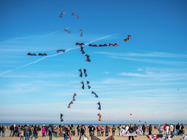 Pessoas empinam pipas, durante o 30° Festival Internacional de Pipas, em Berck-sur-Mer, no sul da França - 12/04/2016