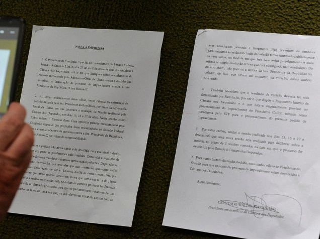 Nota à imprensa, assinada pelo presidente interino da Câmara Waldir Maranhão (PP-MA), fala sobre a anulação da sessão de votação do impeachment da presidente Dilma Rousseff na Câmara dos Deputados - 09/05/2016<br><br>