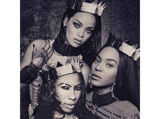 Inês Brasil em montagem com as cantoras Beyoncé e Rihanna
