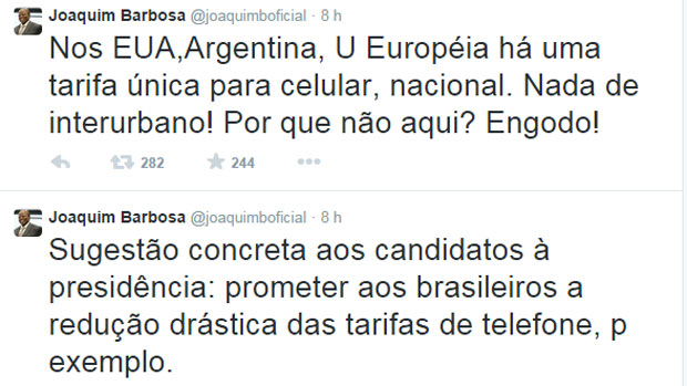 No Twitter, ex-ministro Joaquim Barbosa pede para candidatos a Presidência reduzir tarifas de celular