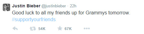 Justin Bieber deseja boa sorte aos amigos no Grammy 2015