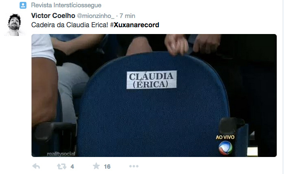 Meme da estreia do programa Xuxa Meneghel, na Record, com Cláudia, que na verdade se chama Érica