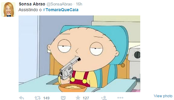 Meme publicado no Twitter durante a estreia do humorístico Tomara que Caia, na Globo