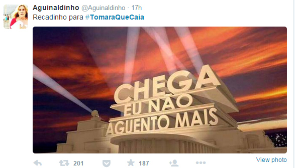 Meme publicado no Twitter durante a estreia do humorístico Tomara que Caia, na Globo