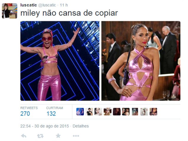 Depois, Miley mudou de roupa, e os fãs brincaram com a semelhança entre ela e a personagem Bebel, a garota-de-programa vivida por Camila Pitanga