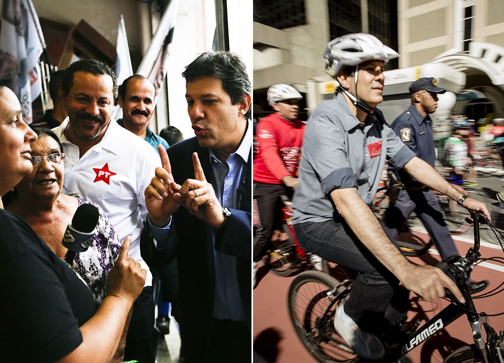 O prefeito Fernando Haddad em campanha na Zona Leste, em 2012, e pedalando na Avenida Paulista, em 2015