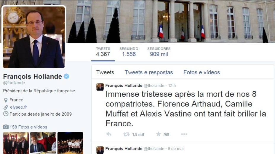 Presidente François Hollande lamentou as mortes em seu Twitter. "Fizeram a França brilhar"