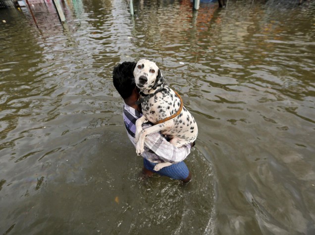 Homem carregou um cão enquanto atravessa uma rua inundada em Chennai, no estado de Tamil Nadu, sul da Índia