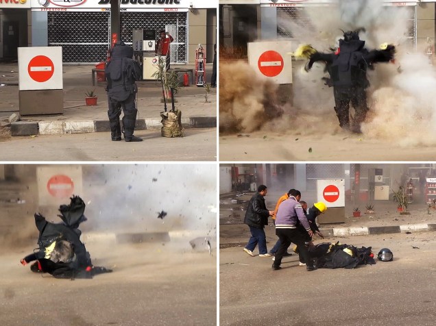 Imagens divulgadas pelo jornal egípcio Al-Youm al-Saabi mostraram o exato momento da explosão de uma bomba enquanto um policial tentava desativá-la no Cairo