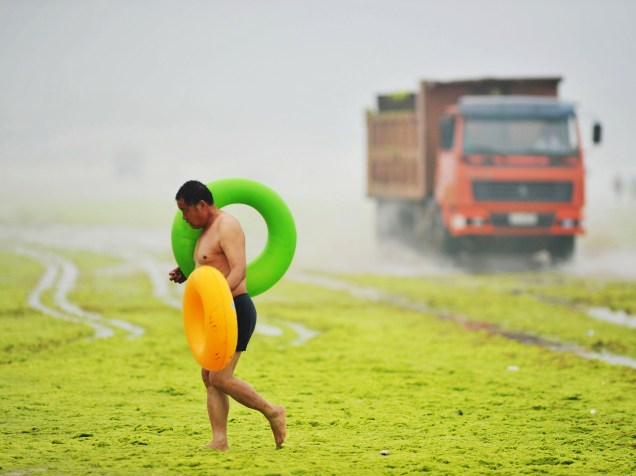 Homem caminha por praia de Qingdao repleta de algas verdes. Nos últimos anos, sempre no verão, uma grande quantidade de algas invadem as praias