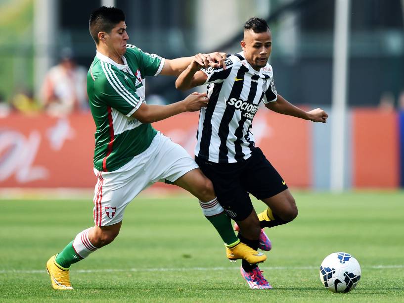 Jogadores do Palmeiras e Santos durante partida no estádio do Pacaembu, pela 29ª rodada do Campeonato Brasileiro 2014, neste domingo (19)