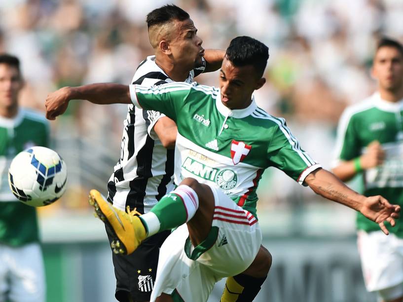 Jogadores do Palmeiras e Santos durante partida no estádio do Pacaembu, pela 29ª rodada do Campeonato Brasileiro 2014, neste domingo (19)