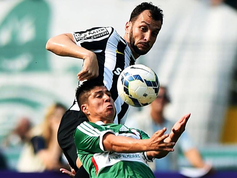 Jogadores do Palmeiras e Santos durante partida no estádio do Pacaembu, pela 29ª rodada do Campeonato Brasileiro 2014, neste domingo (19)