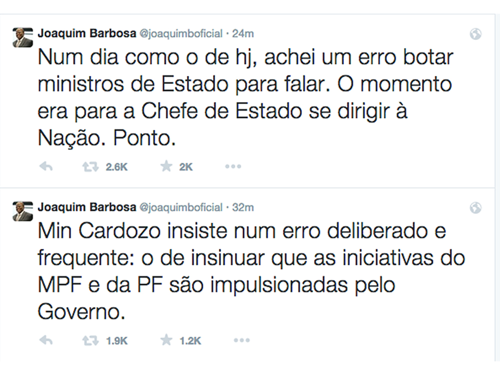 Postagem do ex-presidente do STF Joaquim Barbosa no twitter