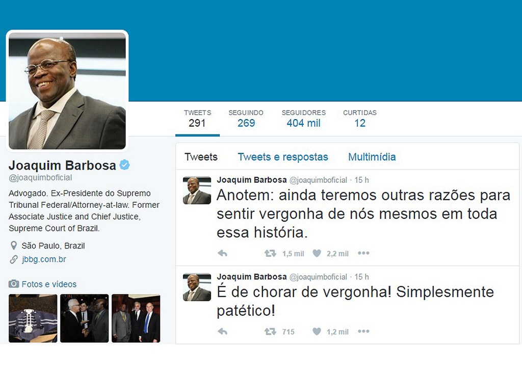 Joaquim Barbosa se pronuncia no Twitter sobre votação do impeachment na Câmara