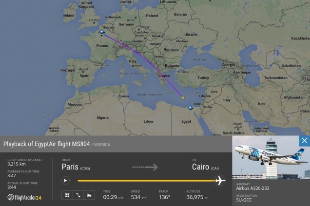 Imagem do site Flightradar24 mostra rota do voo MS804, que desapareceu sobre o Mediterrâneo