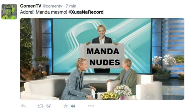 Meme da estreia do programa Xuxa Meneghel, na Record. Aqui, ela simula um bate-papo com a apresentadora americana Ellen Degeneres, que reconheceu ser seu modelo
