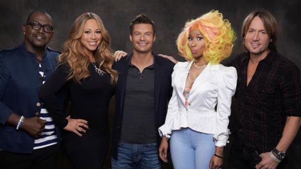 O apresentador Ryan Seacrest e os jurados do programa 'American Idol', Randy Jackson, Nicki Minaj, Keith Urban e Mariah Carey