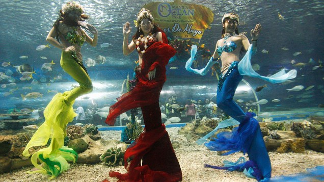 Mergulhadores profissionais vestidos de sereia durante festival flores de maio, no Ocean Park em Manila