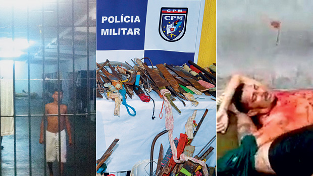TUDO E MAIS UM POUCO - Nada do que existe no Complexo de Pedrinhas é estranho ao sistema penitenciário brasileiro, mas lá tudo é exacerbado: as instalações são imundas (foto à esquerda) e tomadas por lixo e ratos, o despreparo e a corrupção entre os agentes podem ser medidos pela dimensão dos arsenais encontrados a cada revista mais rigorosa (ao centro) e o domínio de facções criminosas que disputam o controle do tráfico resulta frequentemente em batalhas sangrentas. A última, em 17 de dezembro, terminou com três presos decapitados e torturados (à direita)