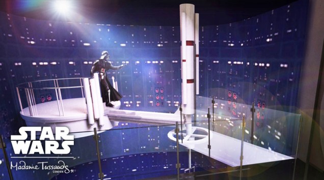 Arte conceitual da famosa cena “eu sou seu pai”, com Darth Vader no museu Madame Tussauds, em Londres