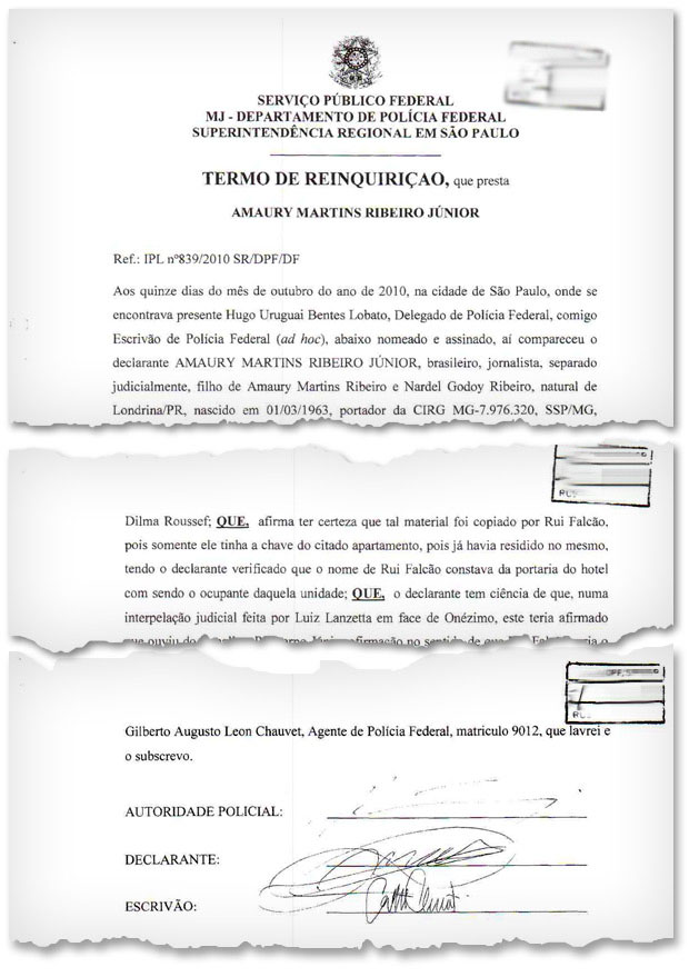 Reprodução de trecho do depoimento de Amaury Ribeiro Junior à Polícia Federal