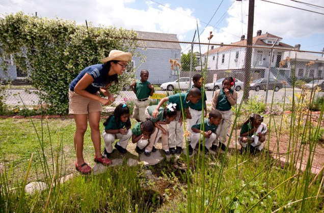 Na Edible School, construída após a passagem do furacão, crianças aprendem a plantar a própria comida.