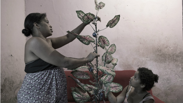 Elizabeth Vasconcellos, 43 anos, decora a Árvore de Natal feita com materiais que encontrou na rua