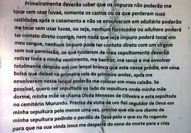 Trecho da carta deixada por Wellington Menezes de Oliveira, que cometeu suicídio, após invadir a Escola Municipal Tasso da Silveira e abrir fogo contra os alunos