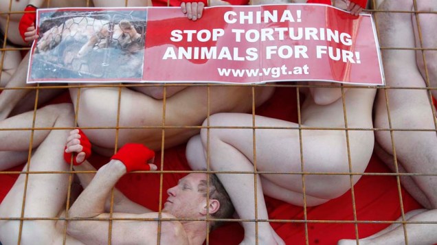 Na Áustria, ativistas durante protesto contra exploração animal em frente a embaixada chinesa