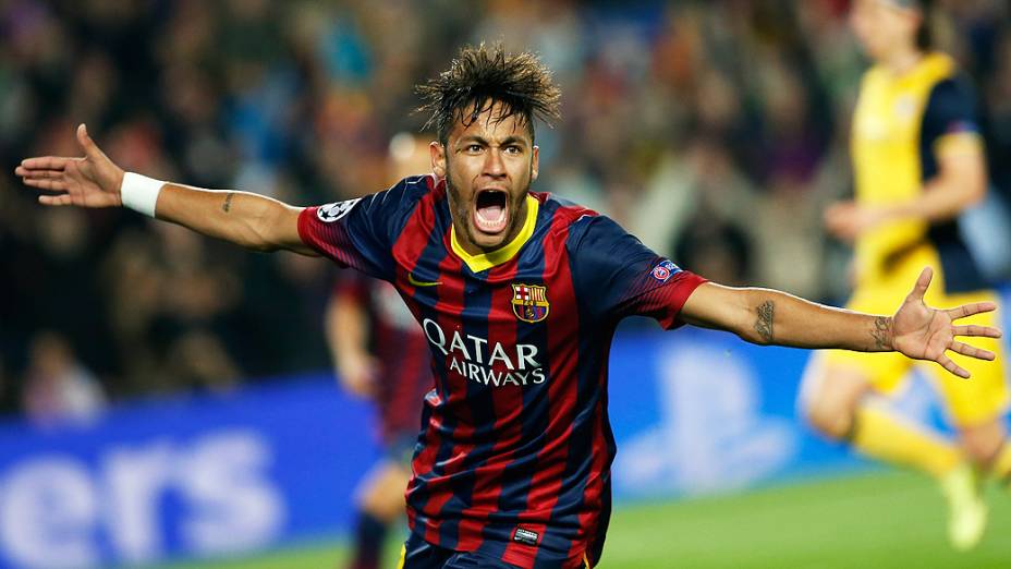 Neymar comemora seu gol pelo Barcelona contra o Atlético