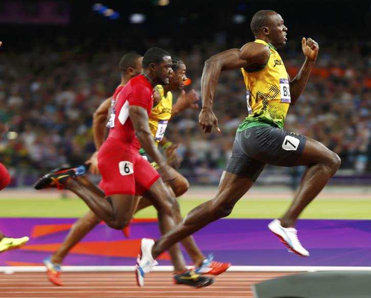 Usain Bolt durante prova da final dos 100m nas Olimpíadas de Londres, em 05/08/2012