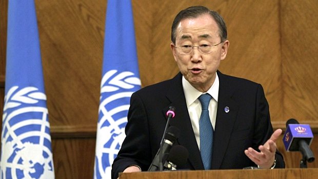 Ban Ki-moon discursa em conferência na Jordânia, pouco antes de viajar a Israel