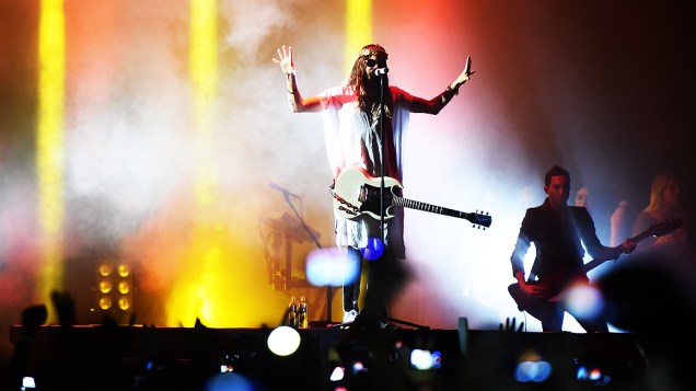 Jared Leto da banda 30 Seconds to Mars durante o show no Espaço das América em São Paulo, na noite desta quinta-feira (16)