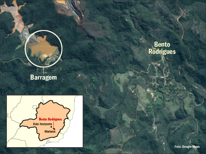 Mapa da barragem que se rompeu em Mariana, Minas Gerais
