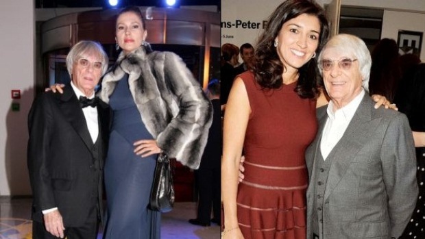 Bernie Ecclestone, com a ex-mulher Slavica (à esq.) e com a atual, a brasileira Fabiana Flosi