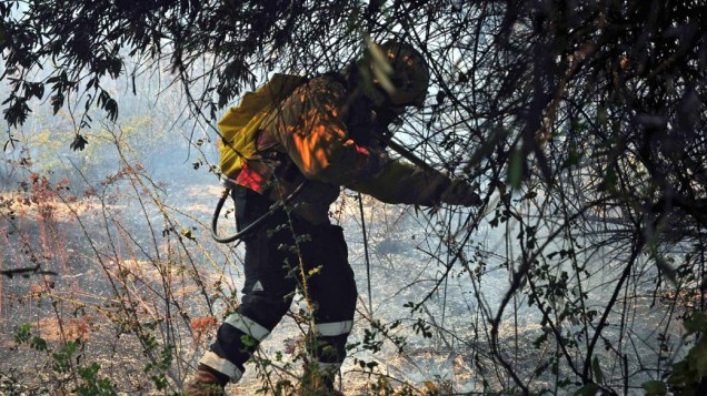 Bombeiro combate um incêndio florestal na comunidade Quillon ao sul do Chile