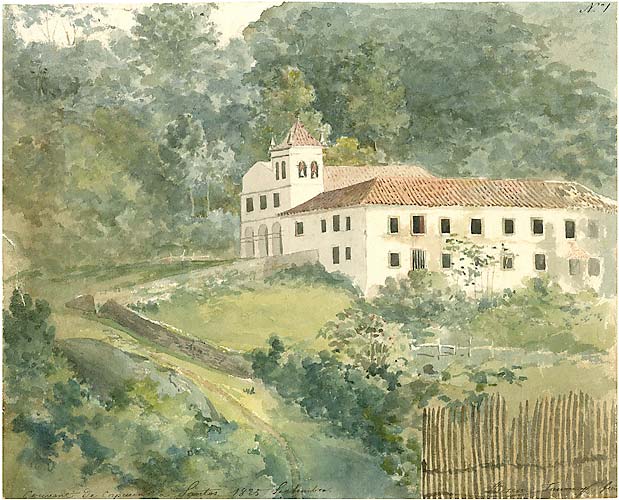 Aquarela de Adrien-Aimée Taunay � Convento dos Capuchinos em Santos (1825, São Paulo).