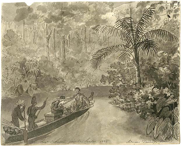 Rio Cubatão perto de Santos (1825, São Paulo). Aquarela Negra pintada pelo francês Adrien-Aimée Taunay.