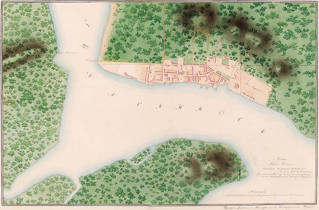 Em 1825, o cartógrafo russo Néster Gavrilovitch Rubtsov pintou a planta do porto de Santos.